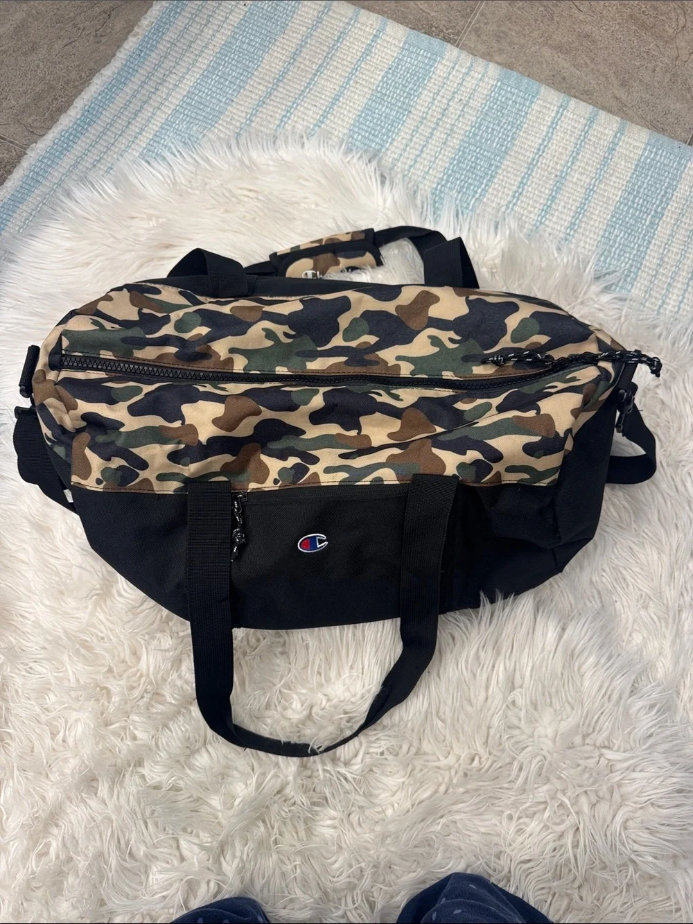 Champion Black Duffel with Green Camo Top